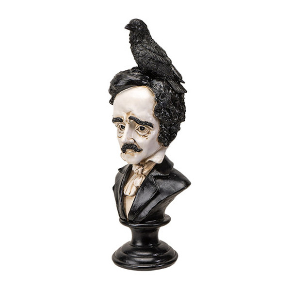 Edgar Allen Poe Bust with Raven Statue Sculptural Head Portrait Figure